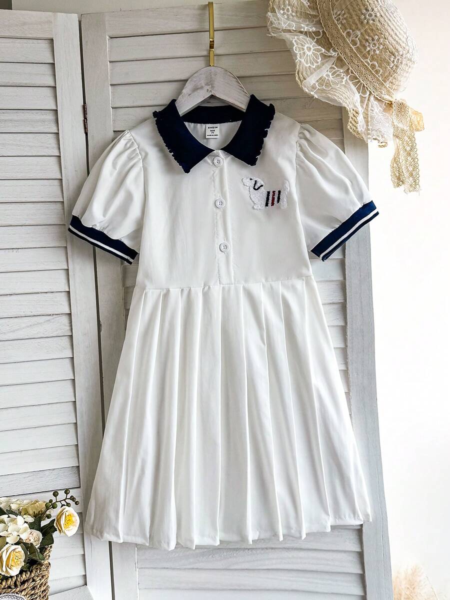 SHEIN 年轻女孩白色灯笼袖可爱刺绣小狗立领纽扣式休闲学院风舒适春夏连衣裙 - 白色 - 查看 1