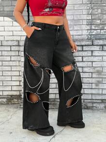 SHEIN ICON Black Rivet Chain Hollow Non-Stretch Denim Jeans