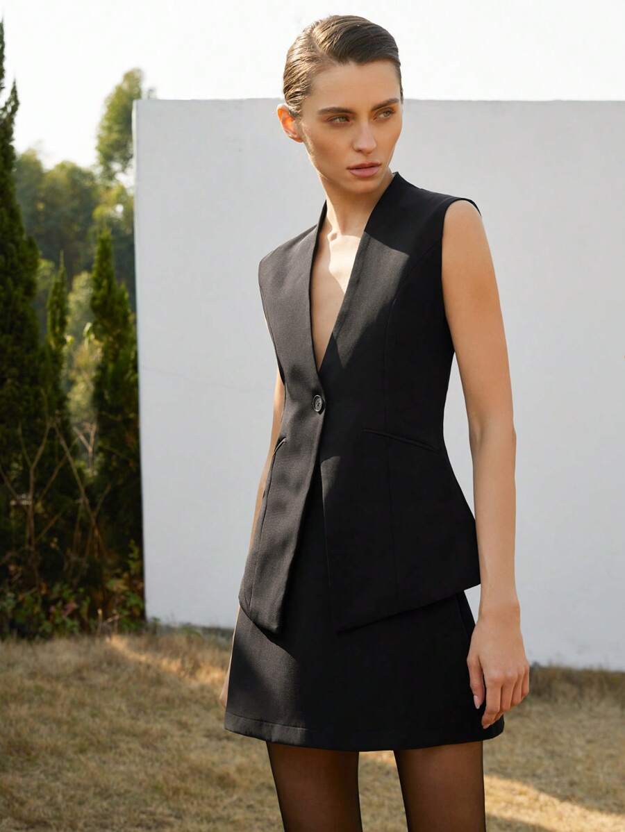 SHEIN Privé Conjunto de falda y blusa de estilo ceñido con cuello en V sin mangas, cintura entallada y diseño de abertura, estilo de uso diario para mujeres - Negro - Ver 1