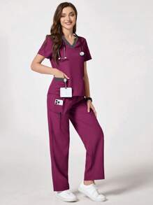 TaskEZ Conjunto de uniforme de enfermería con blusa de cuello en V de manga corta y pantalones en bloques de color para mujer