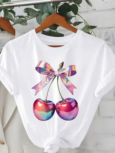 SHEIN LUNE Plus Size Summer Casual Cherry Print Short Sleeve T-Shirt