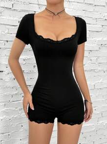 SHEIN EZwear Women's Solid Color Lace Trim Romper - Black - View 3