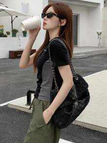 DAZY 對比字母圖案修身圓領短袖t恤 - 黑色 - 查看 4