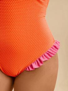 Travachic Đồ bơi một mảnh đi biển mùa hè nhiệt đới cỡ lớn cho nữ có cổ chữ V và chi tiết xếp nếp, màu cam cháy - Màu Cam cháy - Xem 6