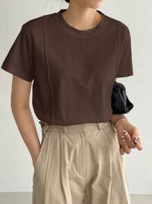 Dazy-Less Solid Seam Detail Tee Old Money Style, Business Casual Women