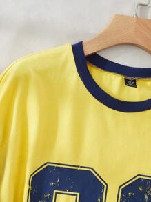 SHEIN EZwear Plus Size Women's Number Print Short Sleeve T-Shirt, Suitable For Spring/Summer Sports Events - Yellow - View 5