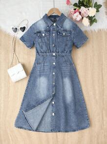 Tween Girls Blue Washed Denim Casual Fitted Short Sleeve Dress, Front Center Placket Button Decor A-Line Mid-Length Dress, Simple And Fashionable Versatile Design For Daily Wear - Medium Wash - View 1