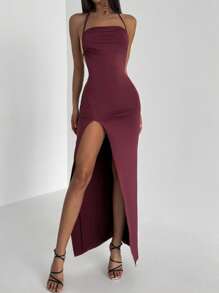 Aloruh Women's Solid Color Ruched Side Slit Backless Dress Summer Summer Outfits Summer Clothes Beach Outfits For Woman  Beach Vacation Vacation Outfits Woman Boho  Tropical Vacation Woman Clothe