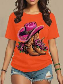 Chiquease Women Summer Boots & Floral Print Round Neck Short Sleeve Casual T-Shirt Graphic Tees Women Tops - Orange - View 1