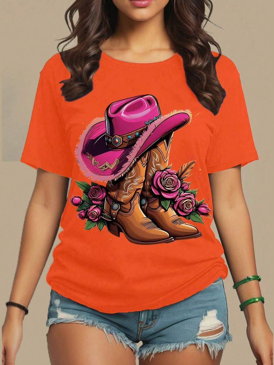Chiquease Women Summer Boots & Floral Print Round Neck Short Sleeve Casual T-Shirt Graphic Tees Women Tops - Orange - View 1