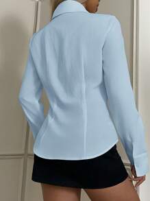 SHEIN EZwear 女士新款刺绣装饰浅蓝色修身长袖衬衫 - 淺藍色 - 查看 3