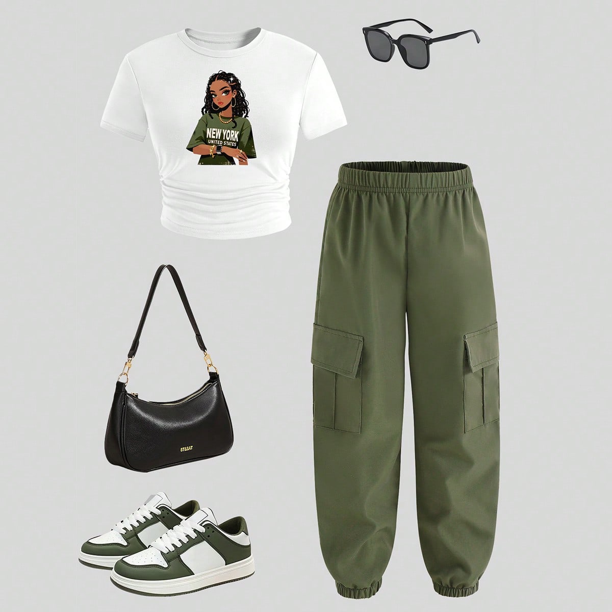 Conjunto informal de niña preadolescente con camiseta de cuello redondo de manga corta con estampado de personaje de dibujos animados y pantalones ca