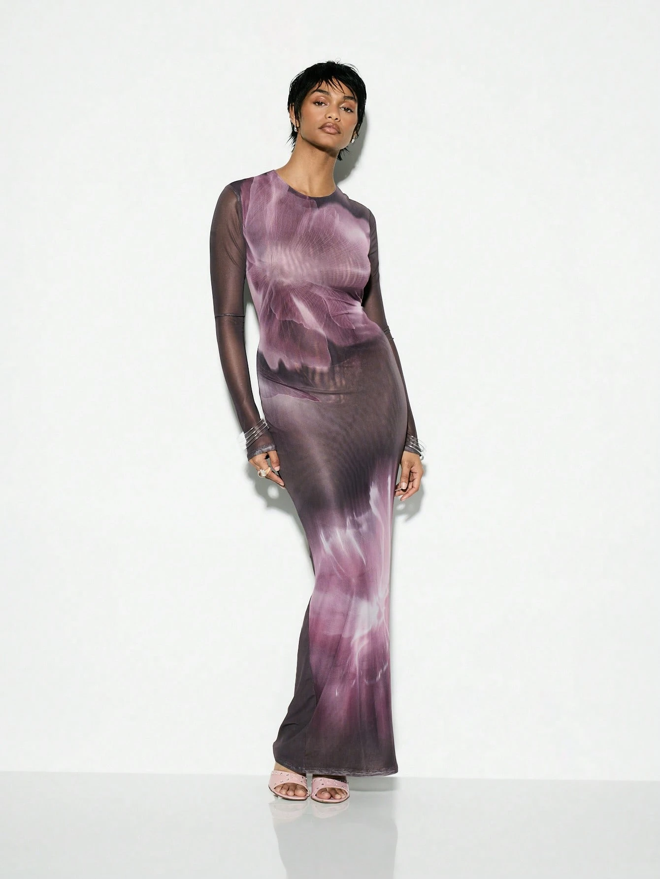 KIZN Mesh Long Sleeve Formal Bodycon Maxi Dress