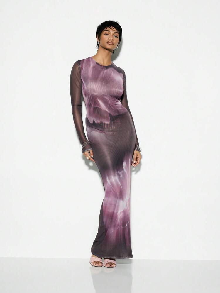 KIZN Mesh Long Sleeve Formal Bodycon Maxi Dress