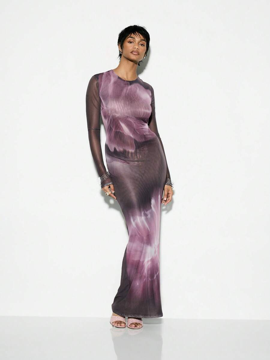 Mesh Long Sleeve Evening Gown Fitted Bodycon Floor Length Party Formal Dress  Special Occasion Wedding Guest Maxi DressMISSGUIDED