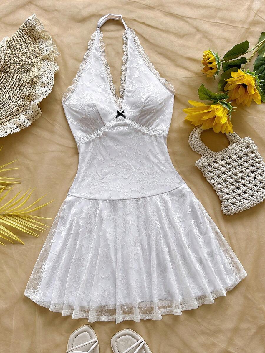 Soleia Boho White Floral Lace & Mesh Bowknot Neck Fitted Summer Beach ...