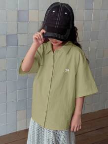 Dazy Kids 少女短袖彼得潘领刺绣衬衫，春夏款，返校季复活节服装 - 綠色 - 查看 5