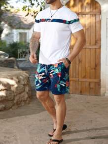 ResortEase Conjunto de camiseta y pantalones cortos de talla grande para hombres con estampado tropical de patchwork