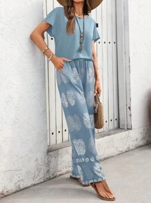 EMERY ROSE 2pcs Women Solid Round Neck Batwing Sleeve Top And Floral Print Pants 2 Pieces Set - Blue - View 7