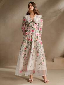 Anewsta 女士长袖花卉刺绣网眼宽松优雅休闲连衣裙，粉色