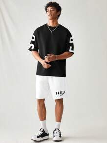 SWAVVY 2 件套男士休闲字母印花短袖 T 恤和短裤夏季服装，学校 - 黑與白 - 查看 5