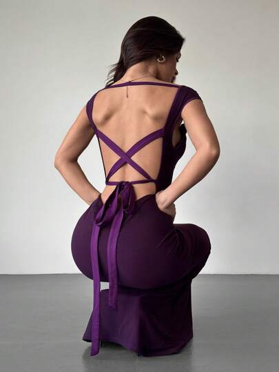 Firerie Vestido ajustado de cuello alto sin espalda con cruce y nudo en la espalda, adecuado para el trabajo, elegante, sexy, vacaciones, playa, romántico, citas, San Valentín, conciertos, actuaciones, fiestas, bodas