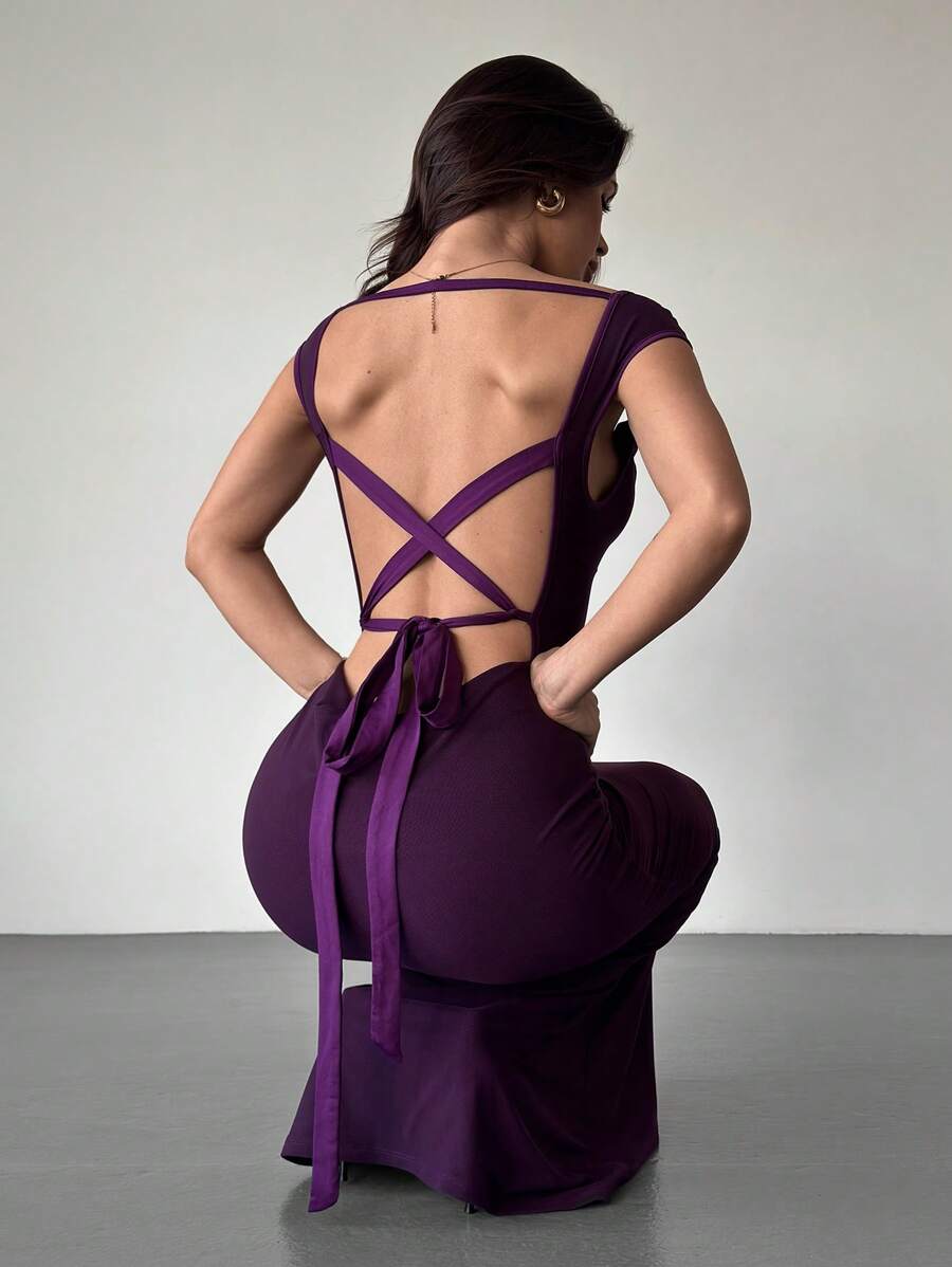 Firerie Đầm bó sát gợi cảm hở lưng cổ lọ màu tím cho nữ, thích hợp để đi làm/thanh lịch/gợi cảm/nghỉ mát/bãi biển/lãng mạn/hẹn hò/ngày lễ tình nhân/hòa nhạc/biểu diễn/tiệc tùng/đám cưới - Màu tím - Xem 1