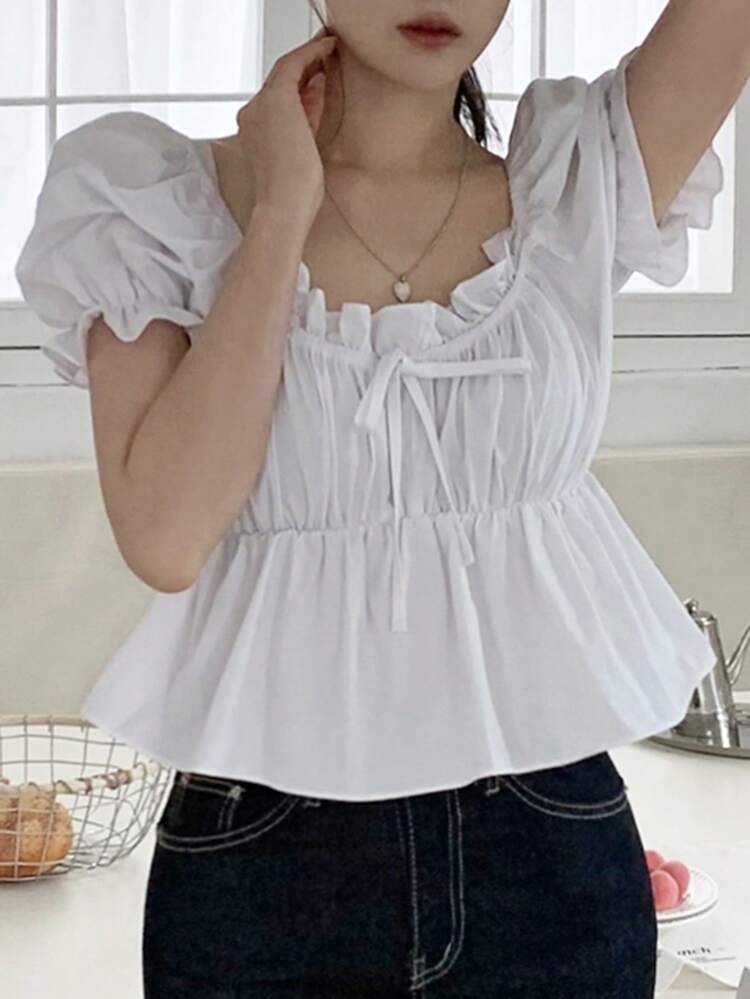 Women's Solid Color Front Tie-Up Short Sleeve Pleated Simple Casual Blouse,Babydoll Top