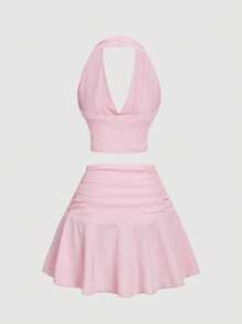 SHEIN MOD Conjunto de 2 piezas con top halter con volantes y falda mini con volantes en el bajo en color rosa. Conjunto de dos piezas para mujer, romántico, primavera, festival, elegante, para fiesta, boda, té, modesto, baile de graduación, espalda descubierta, sexy, coqueto, conjunto de dos piezas rosa