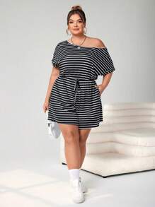 SHEIN CURVE+ 大码女式连体衣，休闲条纹连体衣，夏季女式连衣裙连体裤，短裤女式连体衣 - 黑與白 - 查看 3