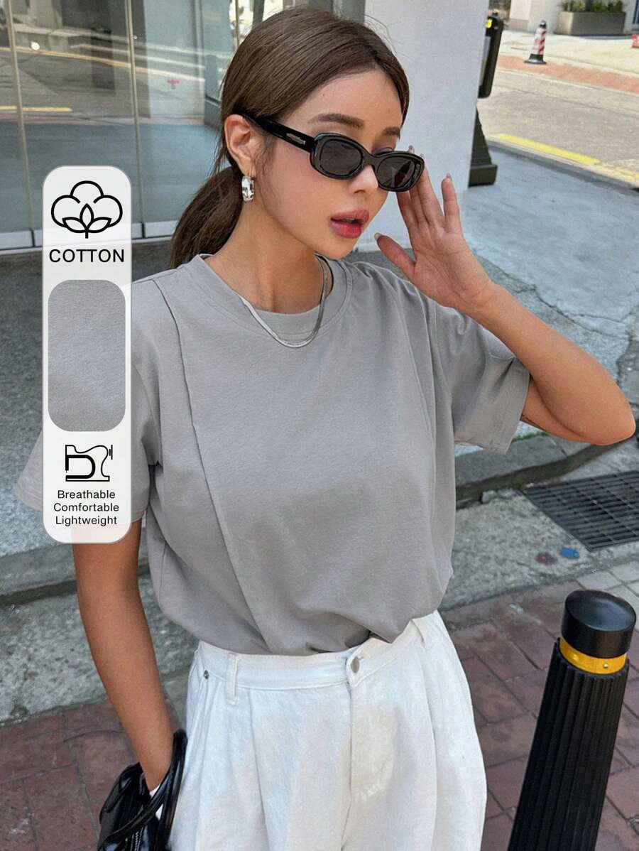 DAZY Solid Round Neck Tee For Summer,Business Casual Women - Light Grey - View 1
