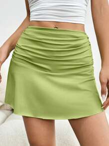 SHEIN x Carly Lawrence SHEIN EZwear Spring Break Solid Ruched Ruffle Hem White Skirt - Green - View 3