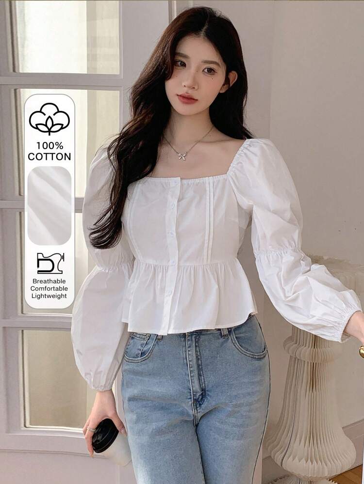 Women'S Solid Color Lantern Sleeve Shirt,Babydoll Top Long Sleeve Top