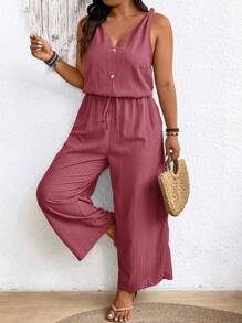 SHEIN Frenchy Bộ đồ liền thân vải crepe có họa tiết Earthy Clothes cỡ lớn có eo thắt nơ và cổ chữ V - Màu Hồng  Dưa hấu - Xem 1