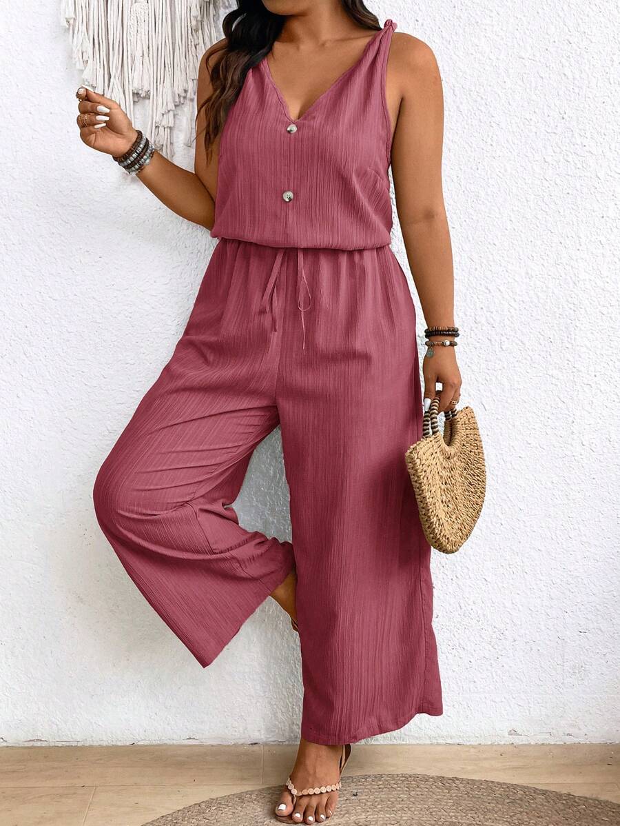 SHEIN Frenchy Bộ đồ liền thân vải crepe có họa tiết Earthy Clothes cỡ lớn có eo thắt nơ và cổ chữ V - Màu Hồng  Dưa hấu - Xem 1