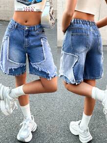 SHEIN Y2K Street Life Teen Girl's Frayed Hem Baggy Denim Shorts With Star-Shaped Patches - Medium Wash - View 1