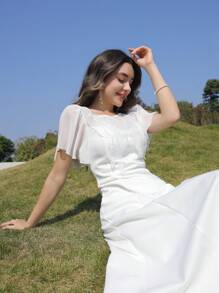 Modelyn Vestido largo de mujer elegante y romántico de gasa blanco con mariposas