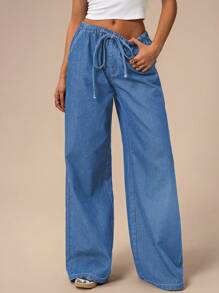 Forever 21 Women's Pockets Wide Leg Loose Casual Versatile Denim Jeans - Baby Blue - View 4