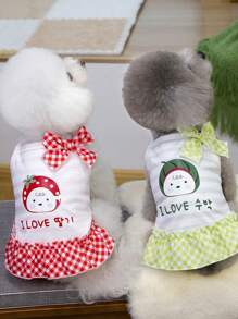 PETSIN Falda de cuadros ligera y transpirable con decoración de texto coreano "Cute Love", cachorro, sandía y lazo, ideal para perros en primavera/verano