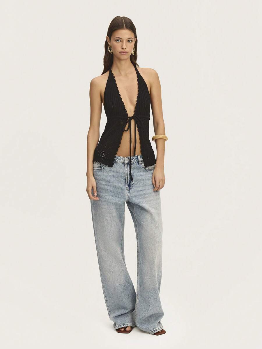 Nöista Áo len cổ chữ V màu trơn, thắt dây ngực, thích hợp cho các dịp lễ hội dành cho nữ. - màu đen - Xem 1