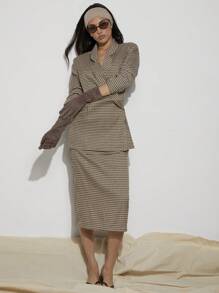 COSMINA 2 件套女士优雅格子西装外套和裙子套装，春夏 - 棕色 - 查看 4