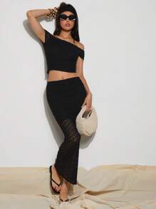 COSMINA 2 piezas Elegante atuendo de ocasión para mujer en negro con patrón de jacquard de ganchillo sintético, primavera - Negro - Ver 4