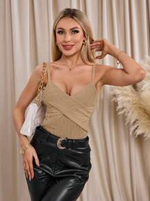 SHEIN Clasi Elegant Black Elastic PU Knot Design Adjustable Camisole Top For Women - Khaki - View 1