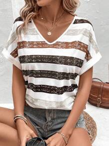 EMERY ROSE Color Block Striped Batwing Sleeve T-Shirt For Summer Graphic Tees Women Tops - Multicolor - View 3