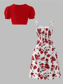 SHEIN Explorewe Bộ 2 chiếc khăn choàng mỏng bằng vải chiffon cho bé gái tuổi teen kết hợp với váy yếm họa tiết hoa nhỏ nhắn, rộng rãi và thoải mái, bó chặt eo, thích hợp để mặc hàng ngày, đi nghỉ ở bãi biển, khu nghỉ dưỡng giải trí, khách dự tiệc cưới sang trọng - Đỏ - Xem 2