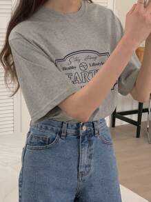 Women's Letter Printed Round Neck T-Shirt Summer - Grey - View 2