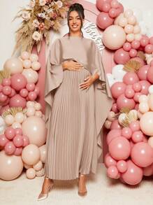 Loomaby 孕妇纯色缎面垂坠连衣裙，简约时尚孕妇装 - 藕粉色 - 查看 3