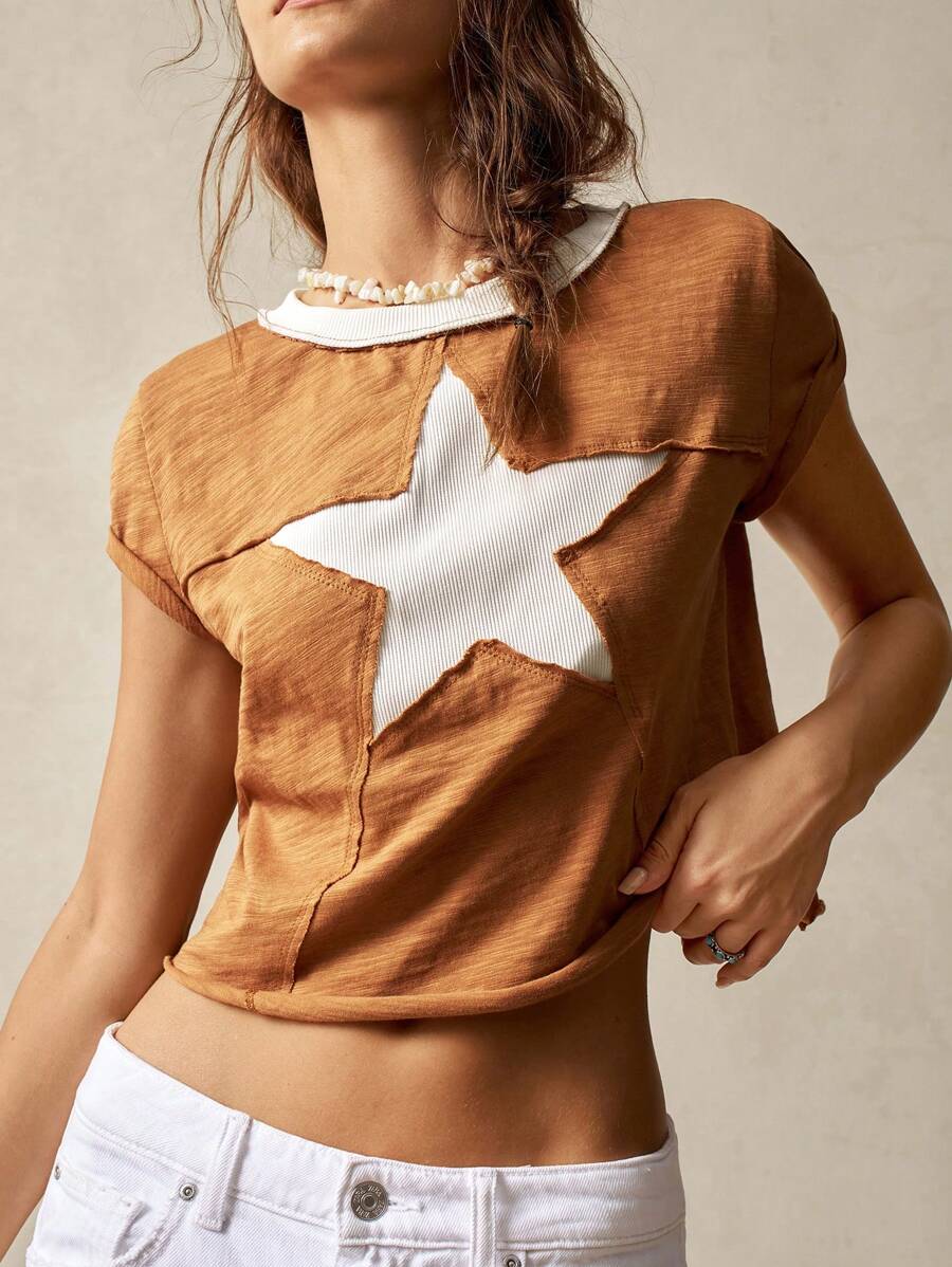 Bohemela Áo thun cổ tròn tay ngắn màu trơn đơn giản vừa vặn cỡ lớn - Rỉ Nâu - Xem 1