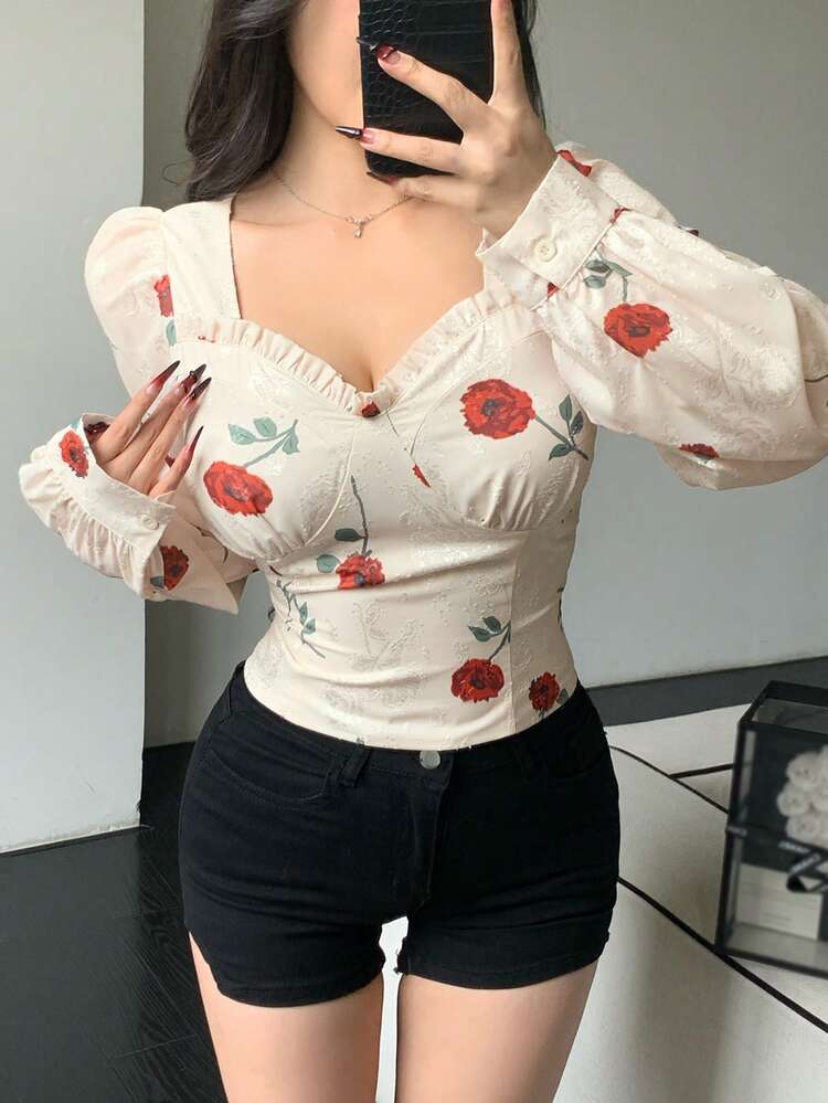 Floral Print Long Sleeve Form-Fitting Women's Shirt, Casual & Vacation Style, Summer