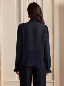 Anewsta Áo dài tay họa tiết lá bạc hà nhẹ nhàng thanh lịch thủ công dành cho nữ Old Money, lễ hội và đi chơi - Màu xanh hải quân - Xem 2